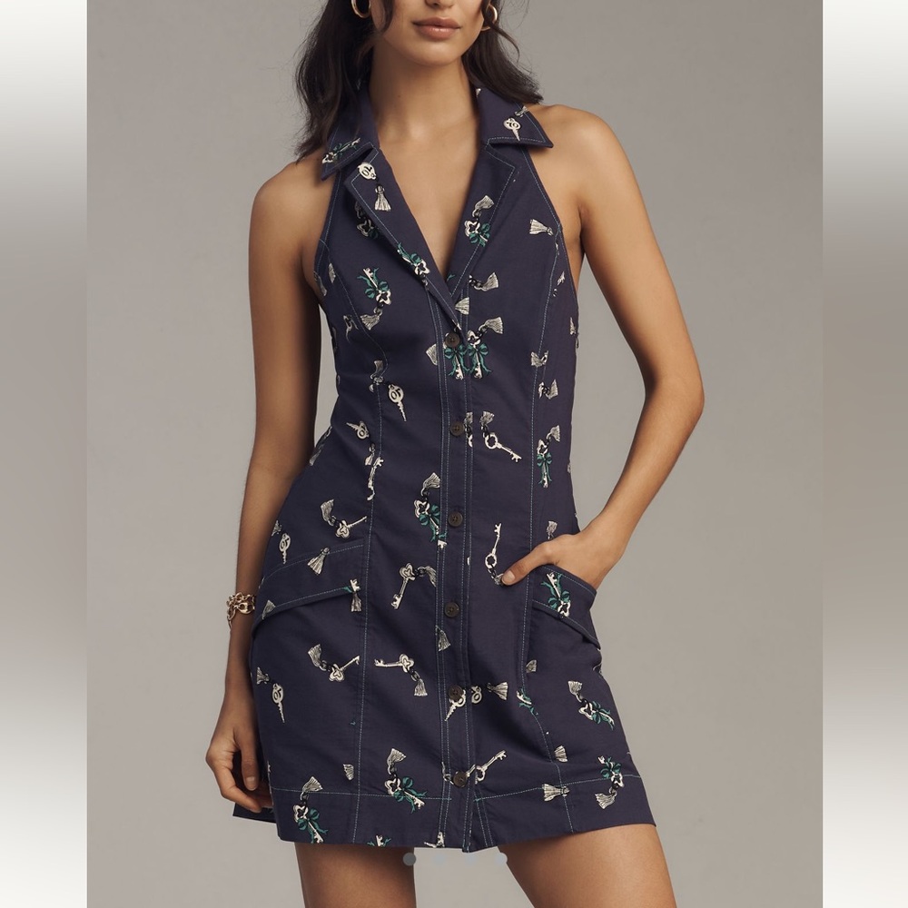 🗝️Anthropologie Amelia Collared Mini Shirt Dress Maeve Medium Blue Novelty Keys